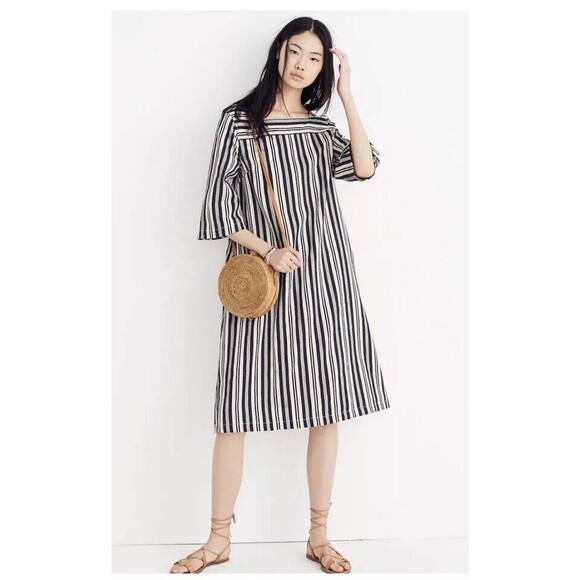 Madewell Dresses & Skirts - Madewell Dress Womens L Black Stripe Midi Evelyn Pockets Linen Blend Lagenlook